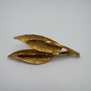 Vintage Gold Tone Leaf Brooch Double Leaf Pin Textured Mid-Century